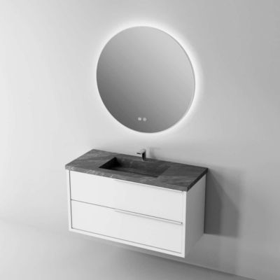 Meuble de salle de bain plan vasque Grès Cérame Noir Allure, 2 Tiroirs Poignée Inox Satiné, l60xh54xp45, Laqué Blanc Mat, LIKE