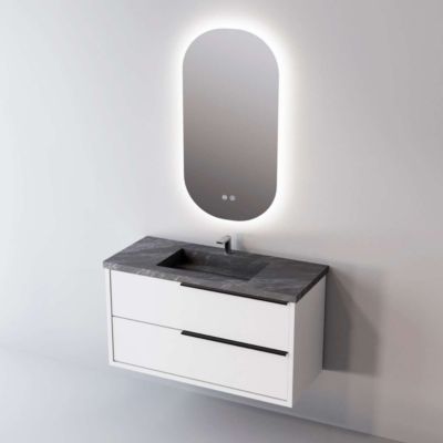 Meuble de salle de bain plan vasque Grès Cérame Noir Allure, 2 Tiroirs Poignée Noir, l100xh54xp45, Laqué Blanc Mat, LIKE