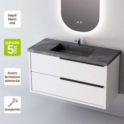 Meuble de salle de bain plan vasque Grès Cérame Noir Allure, 2 Tiroirs Poignée Noir, l100xh54xp45, Laqué Blanc Mat, LIKE