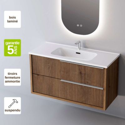 Meuble de salle de bain plan vasque Solide Surface, 2 Tiroirs Chêne Foncé, Poignée Inox Satiné, l100xh54xp45, Effet 3D, TREND