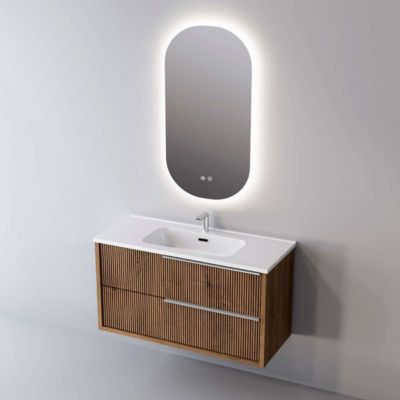 Meuble de salle de bain plan vasque Solide Surface, 2 Tiroirs Chêne Foncé, Poignée Inox Satiné, l60xh54xp45, Effet 3D, TREND