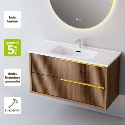 Meuble de salle de bain plan vasque Solide Surface, 2 Tiroirs Chêne Foncé, Poignée Or, l100xh54xp45, Effet 3D, TREND