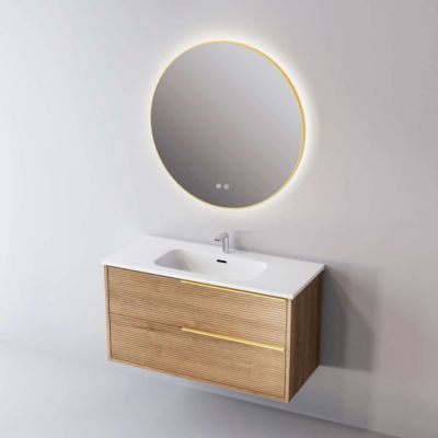 Meuble de salle de bain plan vasque Solide Surface, 2 Tiroirs Chêne Naturel, Poignée Or, l60xh54xp45, Effet 3D, LISTELLO