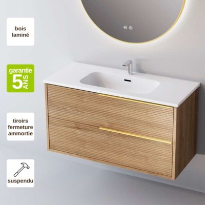 Meuble de salle de bain plan vasque Solide Surface, 2 Tiroirs Chêne Naturel, Poignée Or, l60xh54xp45, Effet 3D, LISTELLO