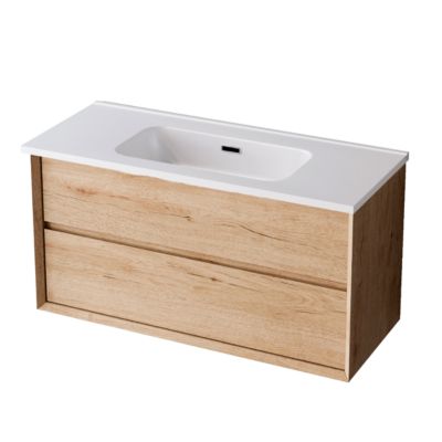 Meuble de salle de bain plan vasque Solide Surface, 2 Tiroirs,l60xh54xp45, Chêne Naturel, COOL