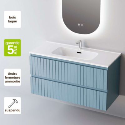 Meuble de salle de bain plan vasque Solide Surface, 2 Tiroirs,l60xh54xp45, Laqué Cobalt Mat, GLOW