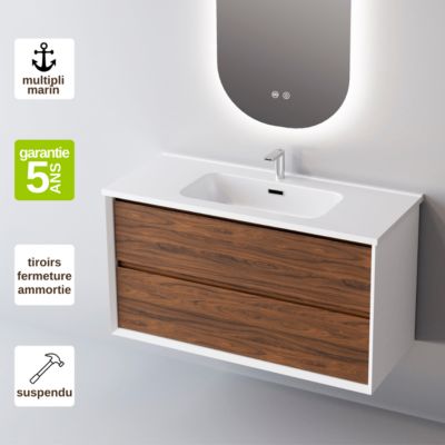Meuble de salle de bain plan vasque Solide Surface, 2 Tiroirs,l80xh54xp45, Laqué Blanc Mat/Blanc, COOL