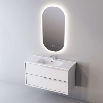 Meuble de salle de bain plan vasque Solide Surface, 2 Tiroirs Poignée Inox Satiné, l100xh54xp45, Laqué Blanc Mat, LIKE