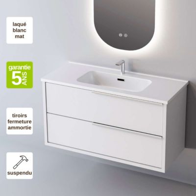 Meuble de salle de bain plan vasque Solide Surface, 2 Tiroirs Poignée Inox Satiné, l100xh54xp45, Laqué Blanc Mat, LIKE