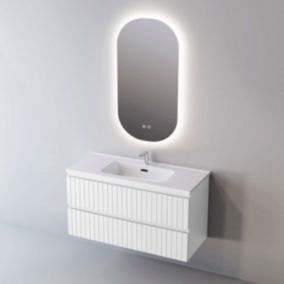 Meuble de salle de bain plan vasque Solide Surface, 2 Tirois, l100xh54xp45, Laqué Blanc Mat, GLOW