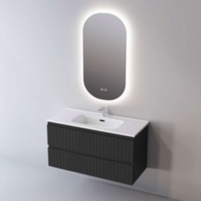 Meuble de salle de bain plan vasque Solide Surface, 2 Tirois, l100xh54xp45, Laqué Noir Mat, GLOW