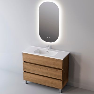 Meuble de salle de bain plan vasque Solide Surface, 3 Tiroirs,l100xh90xp45, Chêne Naturel, ATRANI