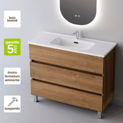 Meuble de salle de bain plan vasque Solide Surface, 3 Tiroirs,l100xh90xp45, Chêne Naturel, ATRANI