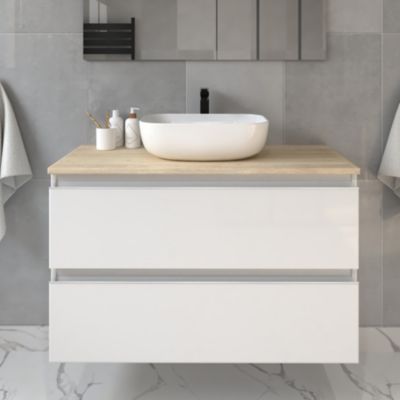 Meuble de salle de bain sans miroir avec vasque à poser arrondie BALEA - Blanc - 100cm
