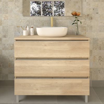Meuble de salle de bain sans miroir avec vasque à poser arrondie PALMA - Bambou (chêne clair) - 100cm