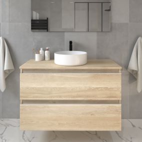 Meuble de salle de bain sans miroir avec vasque à poser ronde BALEA - Bambou (chêne clair) - 80cm