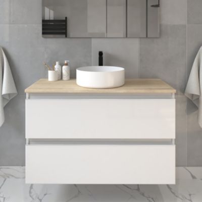 Meuble de salle de bain sans miroir avec vasque à poser ronde BALEA - Blanc - 100cm