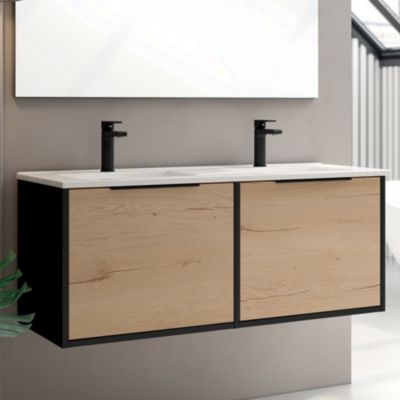 Meuble de salle de bain sans miroir avec vasques à poser arrondies ALBA - Noir - 120cm
