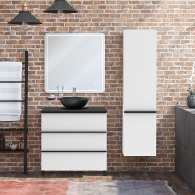 Meuble de salle de bain SANTIAGO 80cm + plan vasque à poser + colonne blanc et noir