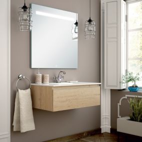 Meuble de salle de bain simple vasque - 1 tiroir - PENA et miroir Led STAM - bambou (chêne clair) - 80cm