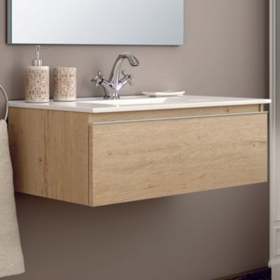 Meuble de salle de bain simple vasque - 1 tiroir - PENA et miroir Led STAM - bambou (chêne clair) - 80cm