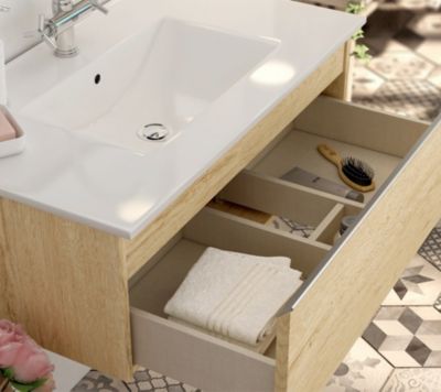 Meuble de salle de bain simple vasque - 1 tiroir - PENA et miroir Led STAM - bambou (chêne clair) - 80cm