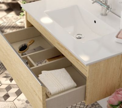 Meuble de salle de bain simple vasque - 1 tiroir - PENA et miroir Led STAM - bambou (chêne clair) - 80cm