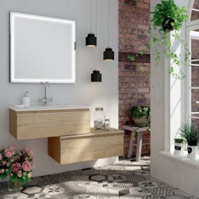 Meuble de salle de bain simple vasque - 1 tiroir - PENA et miroir Led VELDI - bambou (chêne clair) - 120cm