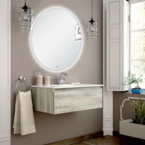 Meuble de salle de bain simple vasque - 1 tiroir - PENA et miroir rond Led SOLEN - Coral - 80cm