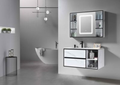 Meuble de salle de bain simple vasque 100cm blanc effet marbre avec miroir LED et colonne de rangement LB-6948 LuxuryBain-