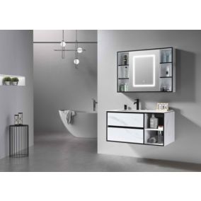 Meuble de salle de bain simple vasque 100cm blanc effet marbre avec miroir LED et colonne de rangement LB-6948 LuxuryBain-