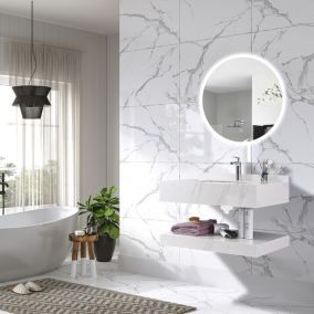 Meuble de salle de bain simple vasque 100cm  effet marbre blanc avec miroir LED LuxuryBain-