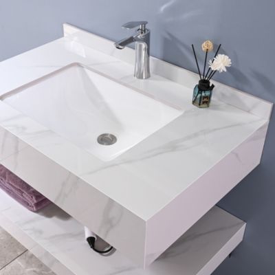 Meuble de salle de bain simple vasque 100cm  effet marbre blanc avec miroir LED LuxuryBain-