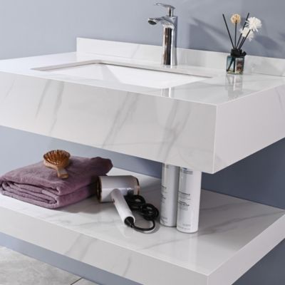 Meuble de salle de bain simple vasque 100cm  effet marbre blanc avec miroir LED LuxuryBain-