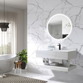 Meuble de salle de bain simple vasque 100cm effet marbre blanc et doré avec miroir LED