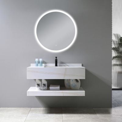 Meuble de salle de bain simple vasque 100cm effet marbre blanc et doré avec miroir LED