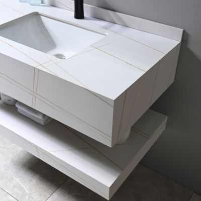 Meuble de salle de bain simple vasque 100cm effet marbre blanc et doré avec miroir LED