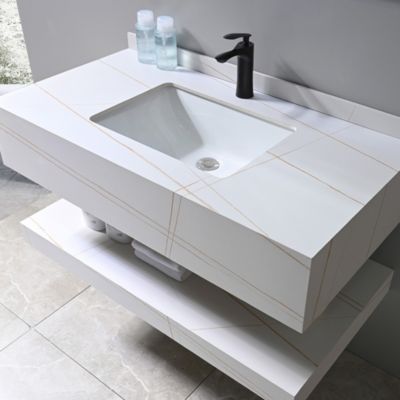 Meuble de salle de bain simple vasque 100cm effet marbre blanc et doré avec miroir LED