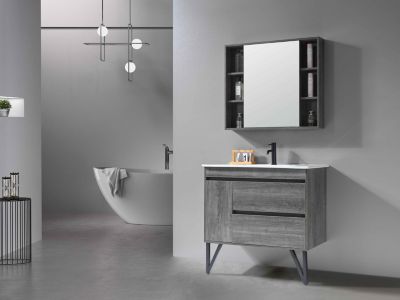 Meuble de salle de bain simple vasque 100cm gris effet bois avec miroir et colonne de rangement LB-8400 LuxuryBain-