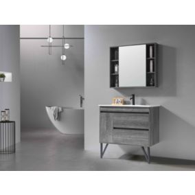 Meuble de salle de bain simple vasque 100cm gris effet bois avec miroir et colonne de rangement LB-8400 LuxuryBain-