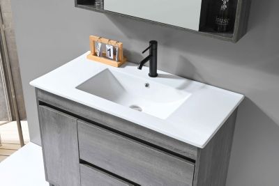 Meuble de salle de bain simple vasque 100cm gris effet bois avec miroir et colonne de rangement LB-8400 LuxuryBain-
