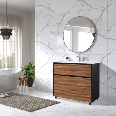 Meuble de salle de bain simple vasque 100cm sur pied noir et bois avec miroir LuxuryBain-