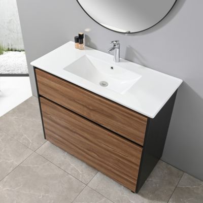 Meuble de salle de bain simple vasque 100cm sur pied noir et bois avec miroir LuxuryBain-