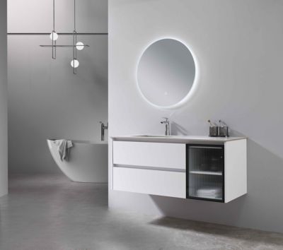 Meuble de salle de bain simple vasque 120cm blanc et effet marbre blanc avec miroir LED LB-8477W LuxuryBain-