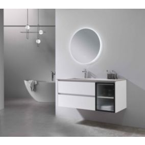 Meuble de salle de bain simple vasque 120cm blanc et effet marbre blanc avec miroir LED LB-8477W LuxuryBain-