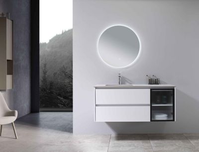 Meuble de salle de bain simple vasque 120cm blanc et effet marbre blanc avec miroir LED LB-8477W LuxuryBain-