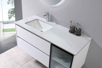 Meuble de salle de bain simple vasque 120cm blanc et effet marbre blanc avec miroir LED LB-8477W LuxuryBain-