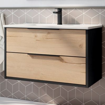 Meuble de salle de bain simple vasque - 2 tiroirs - ALBA et miroir STAM - noir-Chêne - 80cm