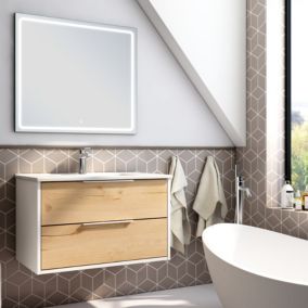 Meuble de salle de bain simple vasque - 2 tiroirs - ALBA et miroir VELDI - blanc-Chêne - 80cm