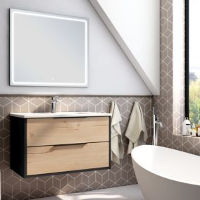 Meuble de salle de bain simple vasque - 2 tiroirs - ALBA et miroir VELDI - noir-Chêne - 80cm